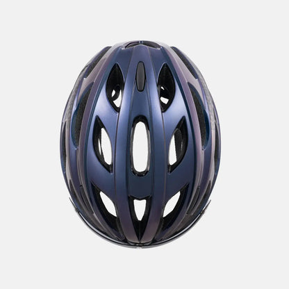 Bicycle helmet, glossy blue with large ventilation cutouts and black accents