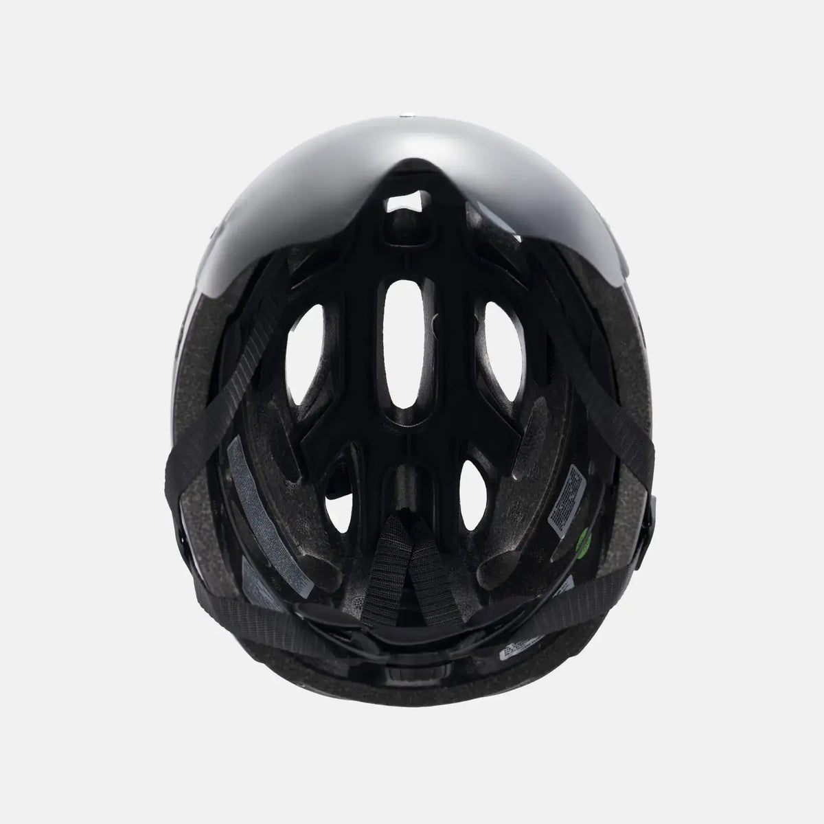 Bicycle helmet with black inner liner and vents, dark gray shell
