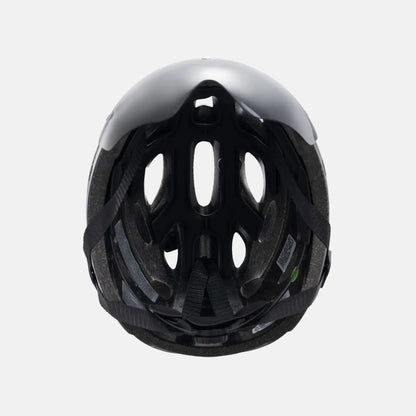Bicycle helmet with black inner liner and vents, dark gray shell
