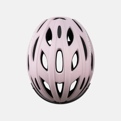 Bicycle helmet, light pink shell with top vent channels and black trim