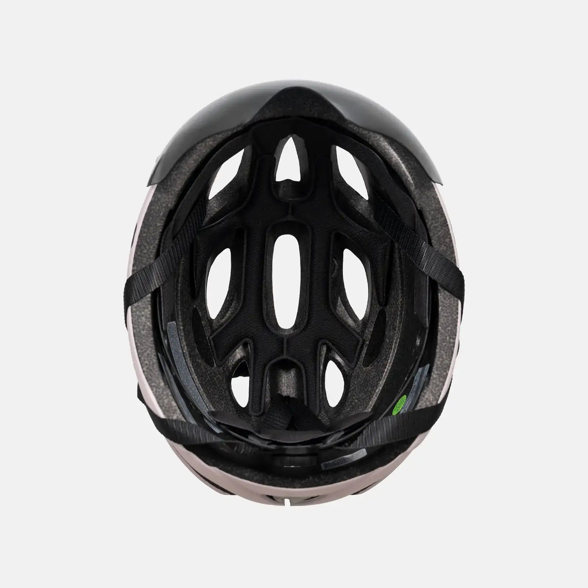 Bicycle helmet, black shell with vent holes and inner padding visible