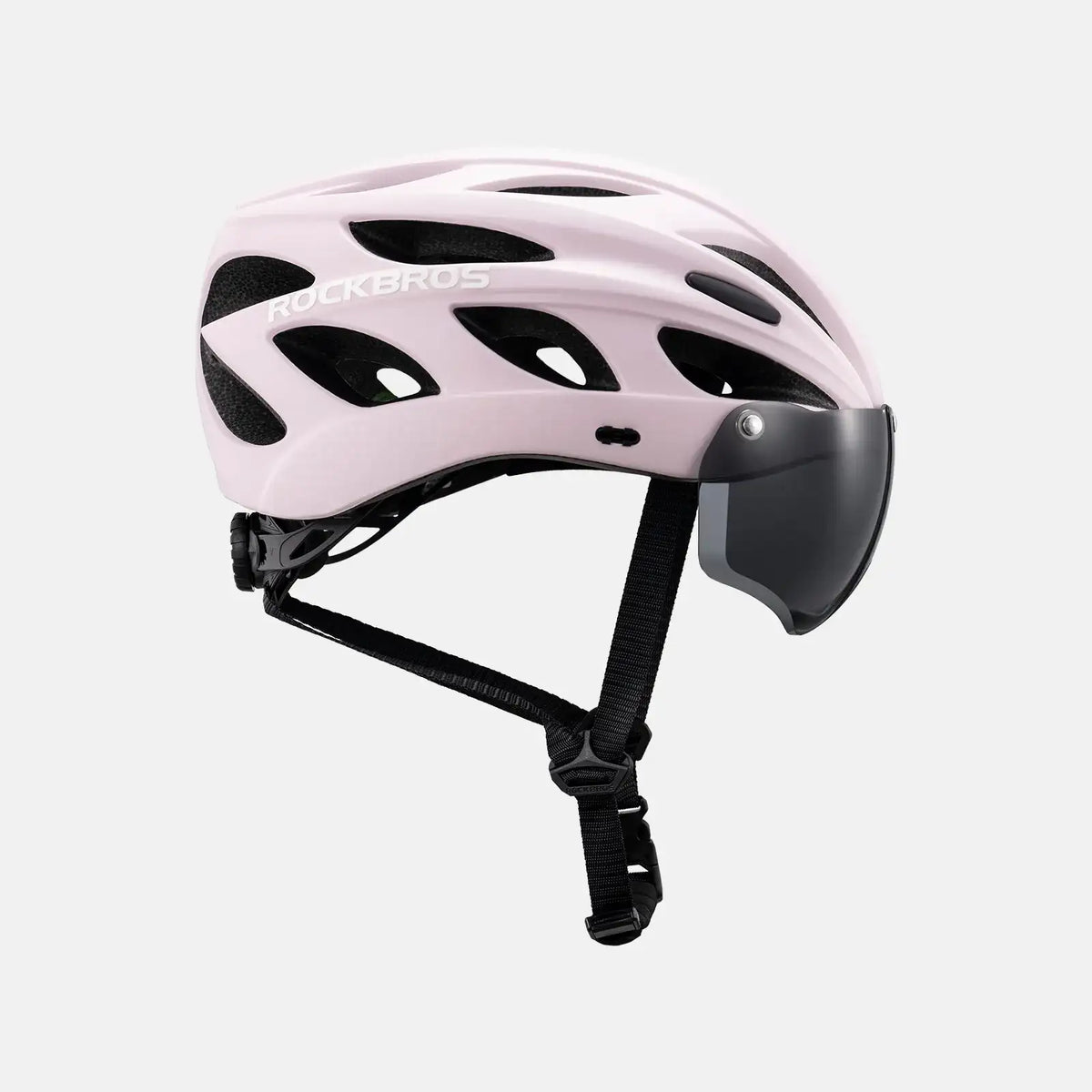 Bicycle helmet with visor, light pink shell and black chin strap