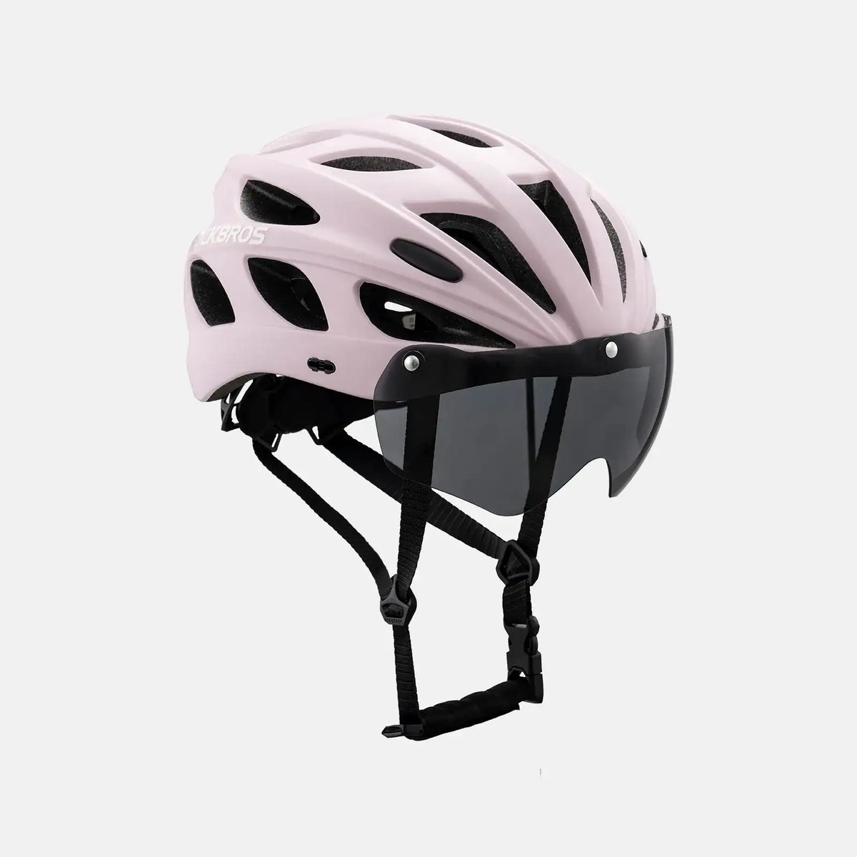 Bicycle helmet with visor, light pink shell and black chin strap