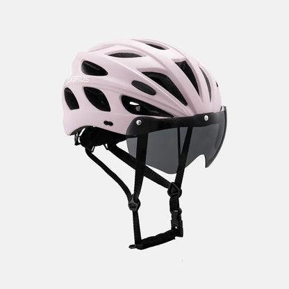 Bicycle helmet with visor, light pink shell and black chin strap