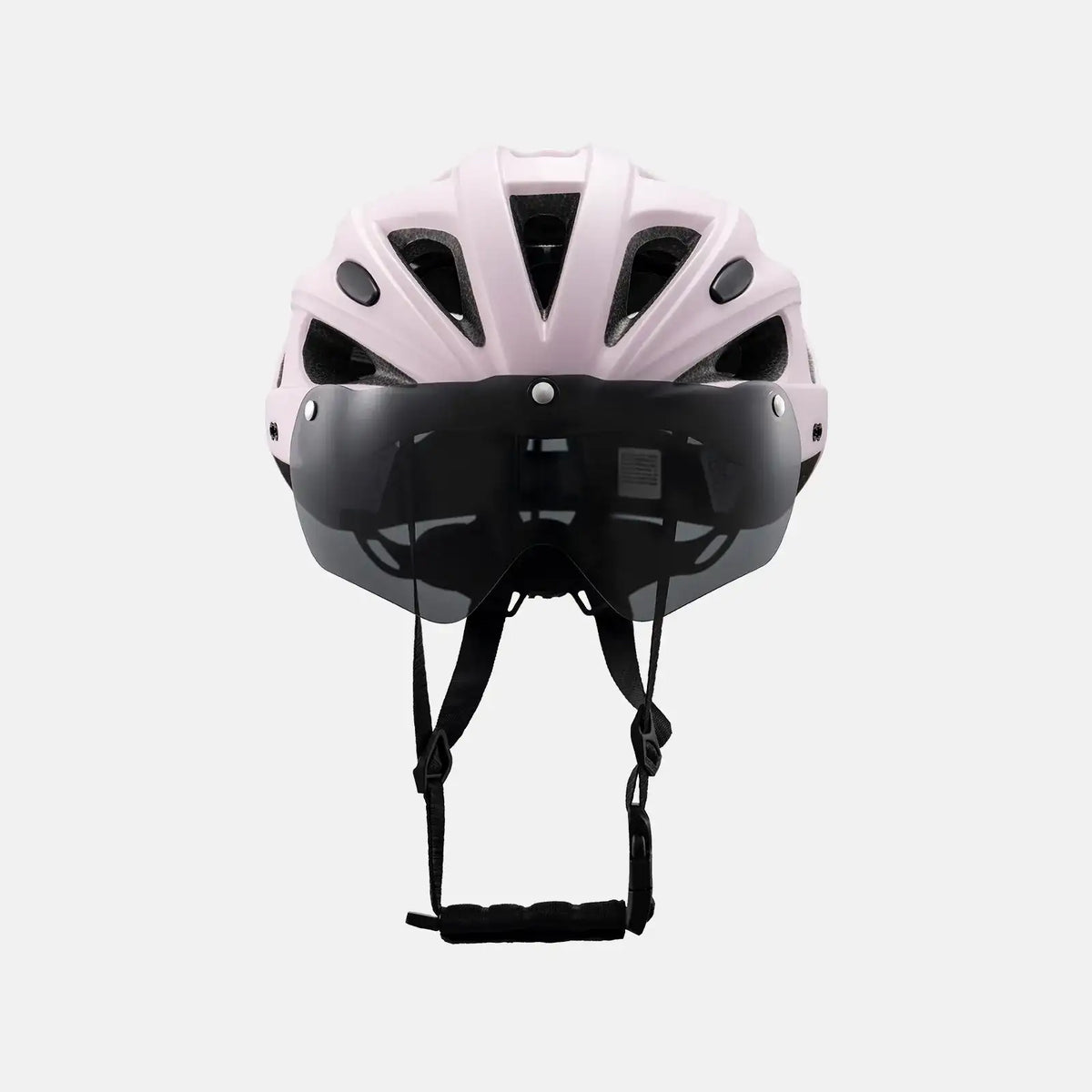 Bicycle helmet, light pink shell with rear coverage and black chin strap