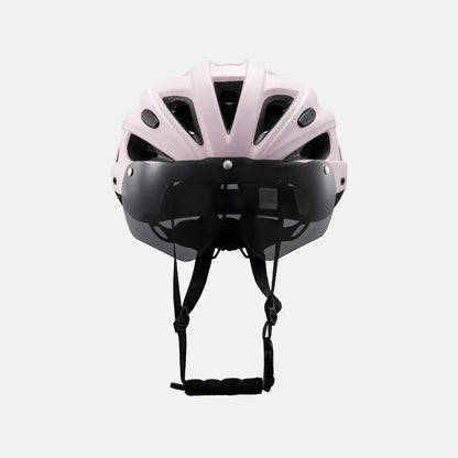 Bicycle helmet, light pink shell with rear coverage and black chin strap