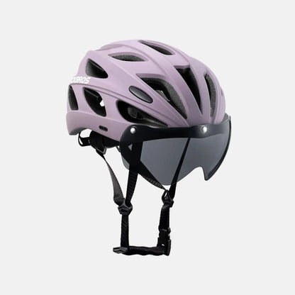 Lilac bike helmet with dark visor and chin straps, front 3/4 view