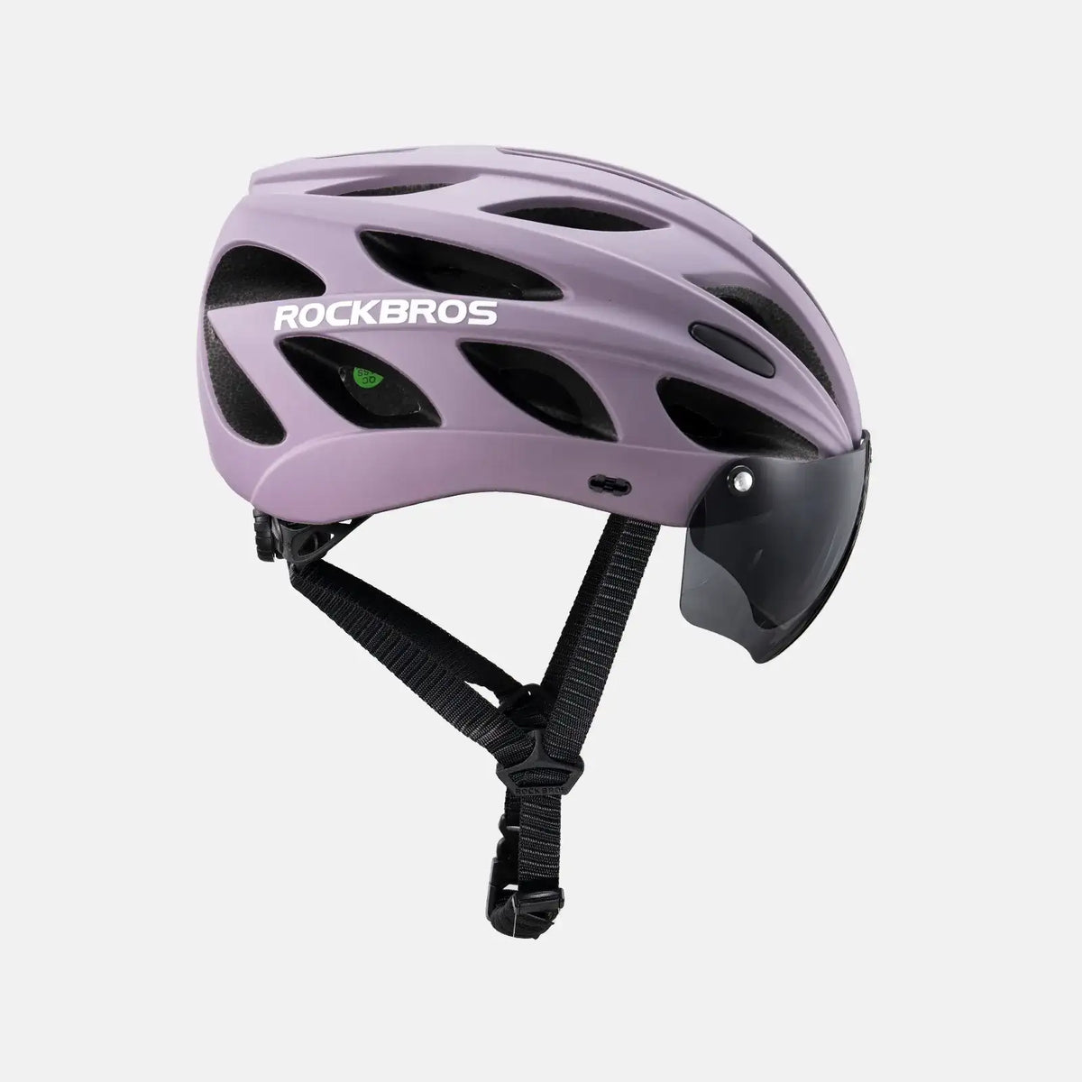 Lilac cycling helmet with visor and chin strap, side view