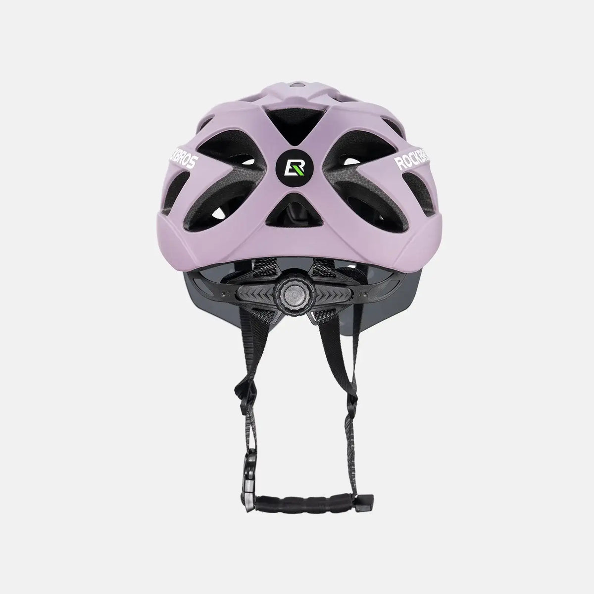 Lilac bike helmet with vented shell, visor and chin straps, top view