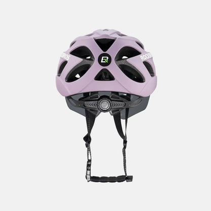 Lilac bike helmet with vented shell, visor and chin straps, top view