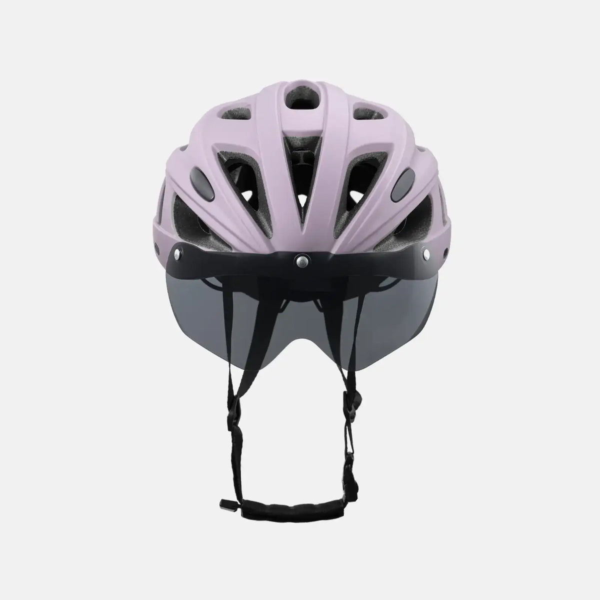 Lilac bike helmet with dark visor and chin straps, front view