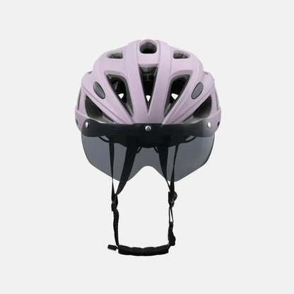 Lilac bike helmet with dark visor and chin straps, front view