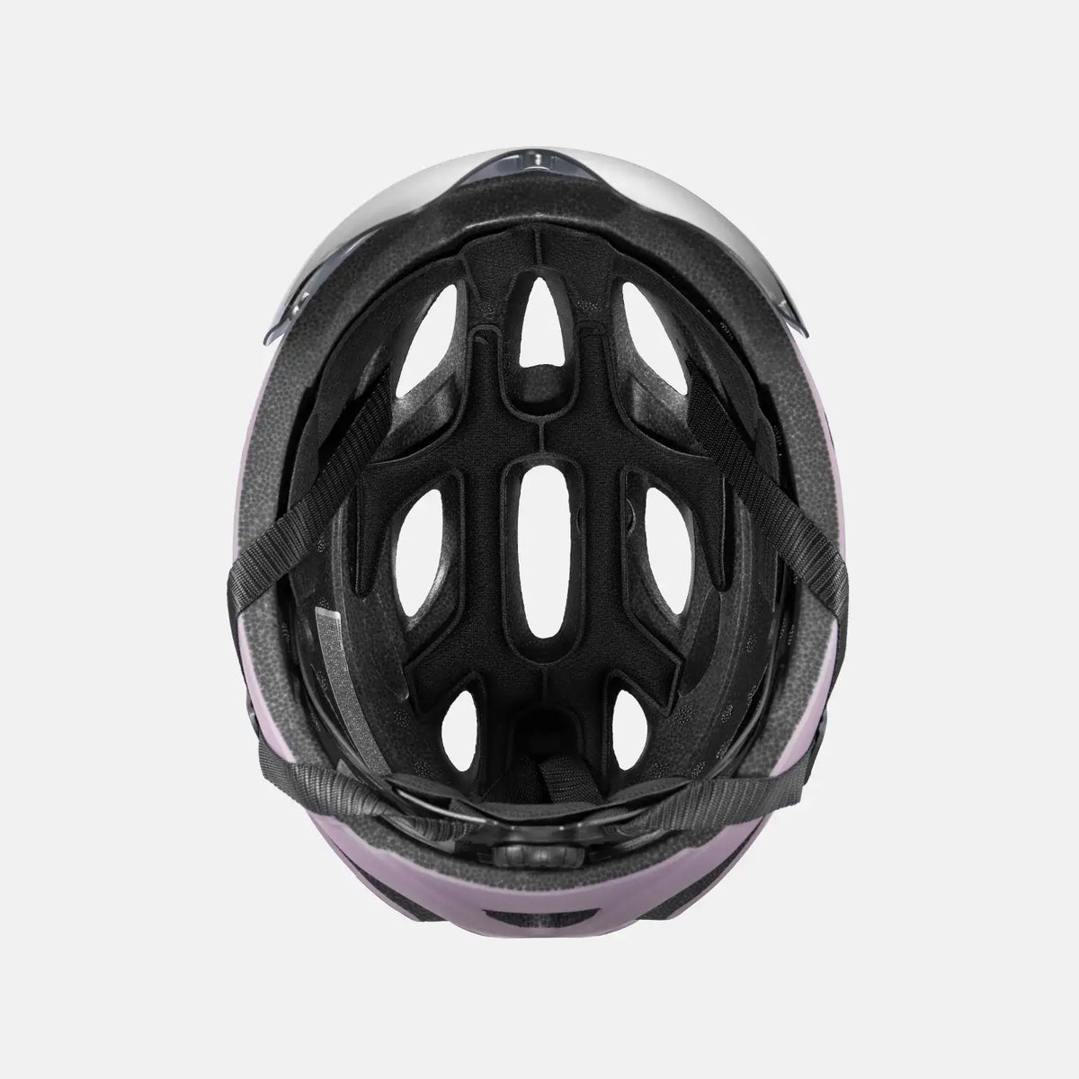 Lilac bike helmet inner padding and vents, interior view