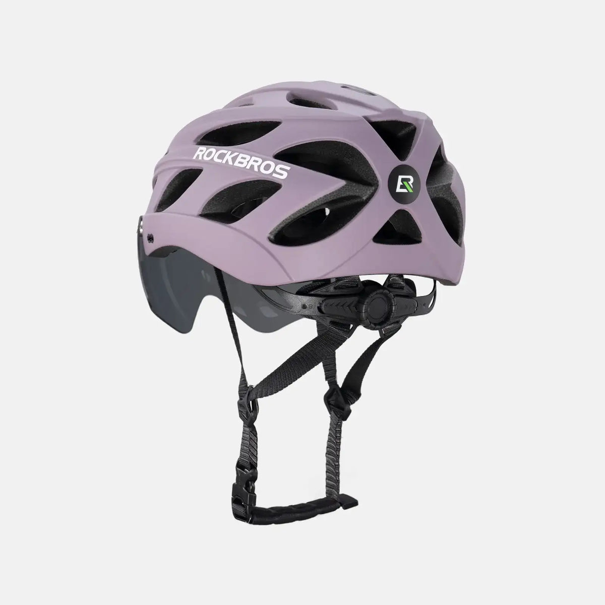 Lilac bike helmet with visor and retention straps, rear side view