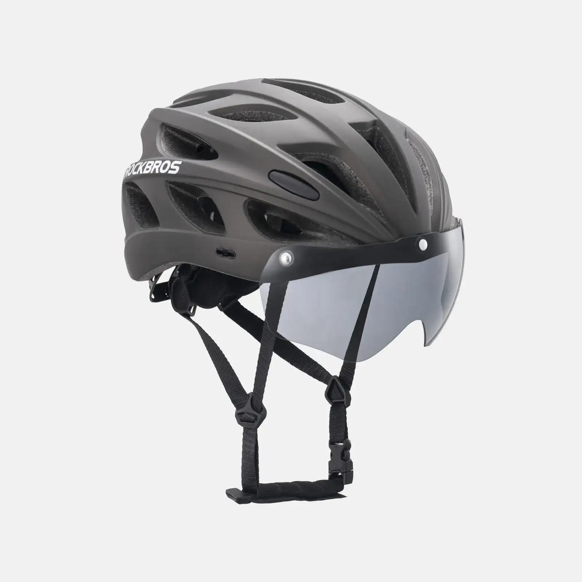 Gray bike helmet with clear visor, face shield and adjustable chin straps