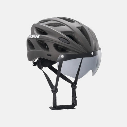 Gray bike helmet with clear visor, face shield and adjustable chin straps