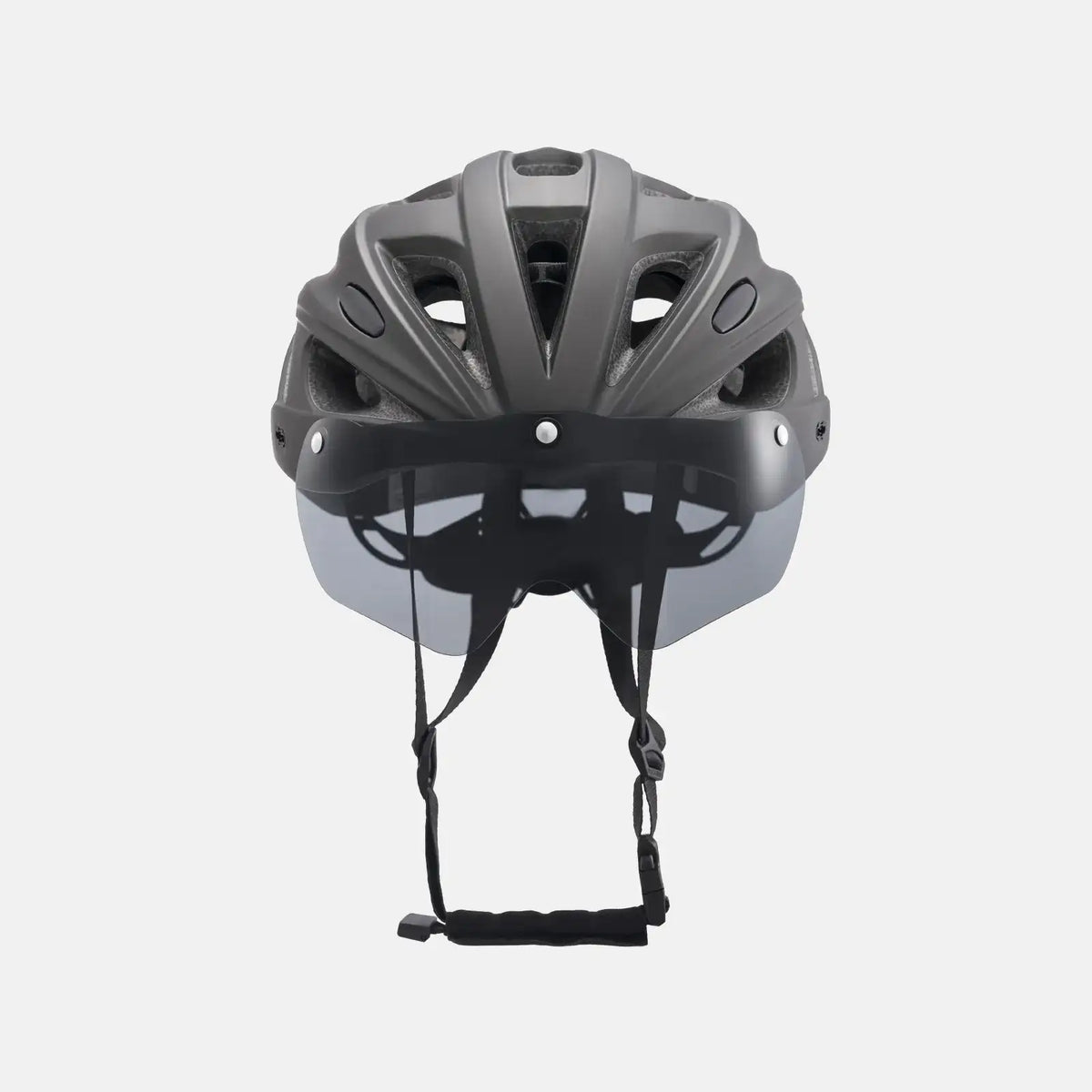 Silver-gray bike helmet with visor and multiple adjustable straps for secure fit