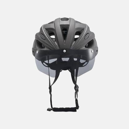 Silver-gray bike helmet with visor and multiple adjustable straps for secure fit