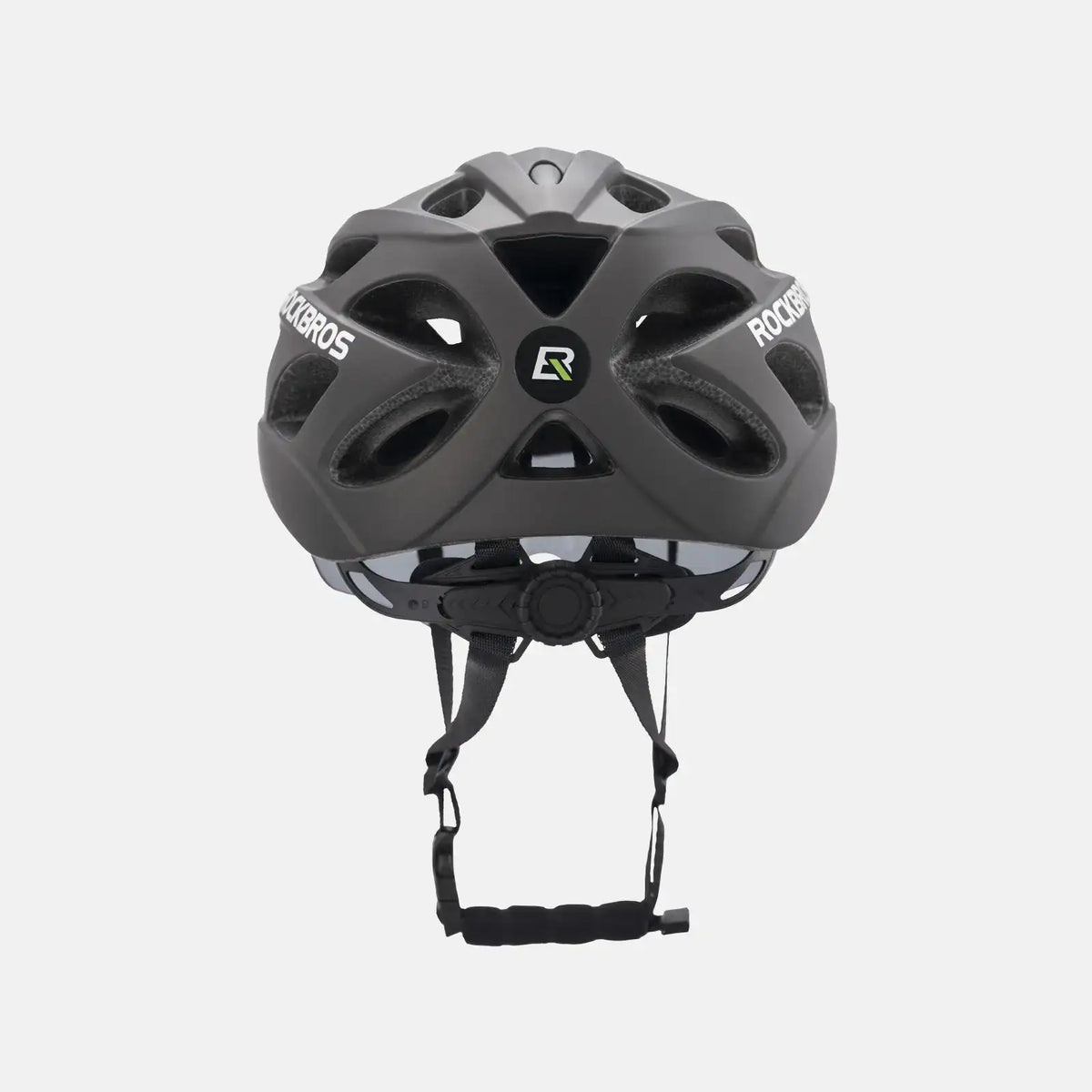 Black bike helmet with visor and adjustable chin strap, front view with goggles mount