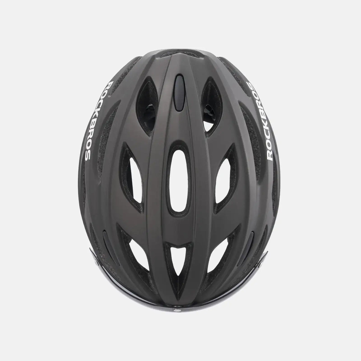 Dark gray bike helmet with vented shell and vertical side brand lettering
