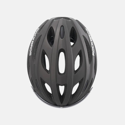 Dark gray bike helmet with vented shell and vertical side brand lettering
