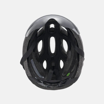 Black bike helmet with oval ventilation cutouts and cushioned interior padding