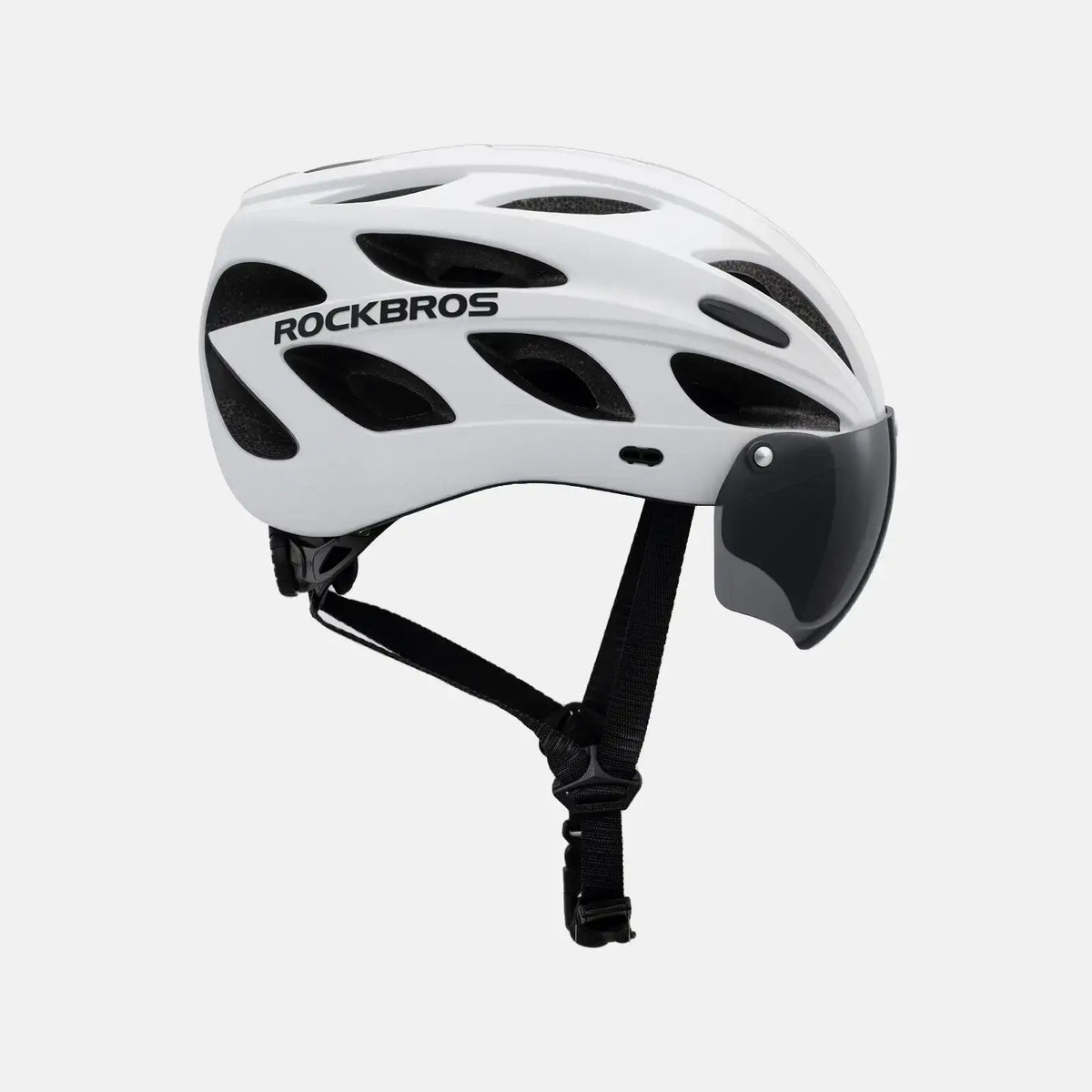 White cycling helmet with dark visor and chin strap, side view