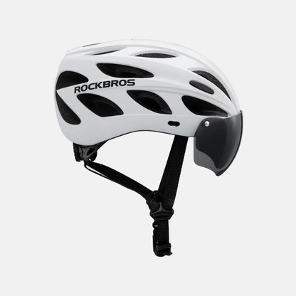 White cycling helmet with dark visor and chin strap, side view