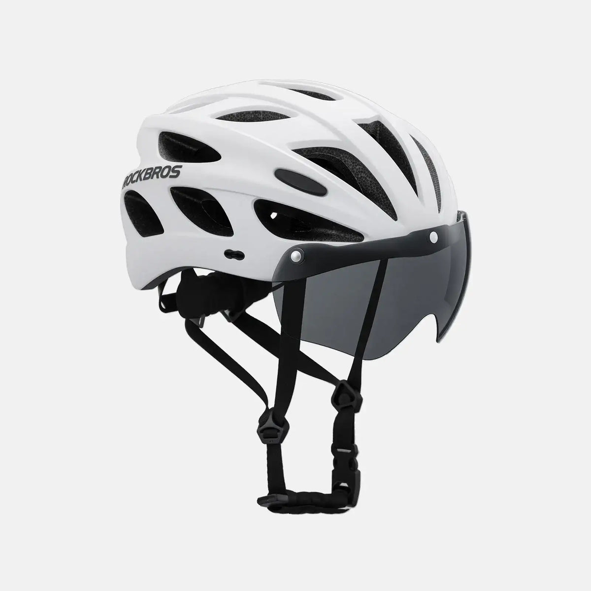 White bike helmet with visor and goggles, black straps and chin padding
