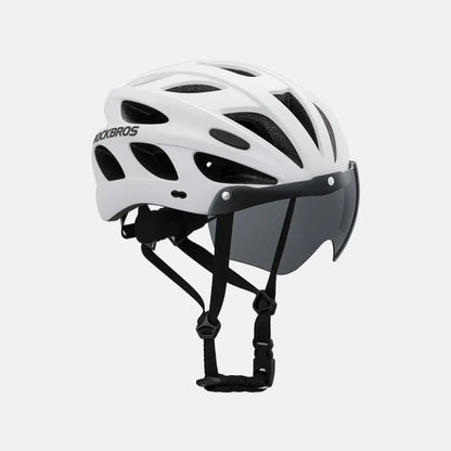 White bike helmet with visor and goggles, black straps and chin padding