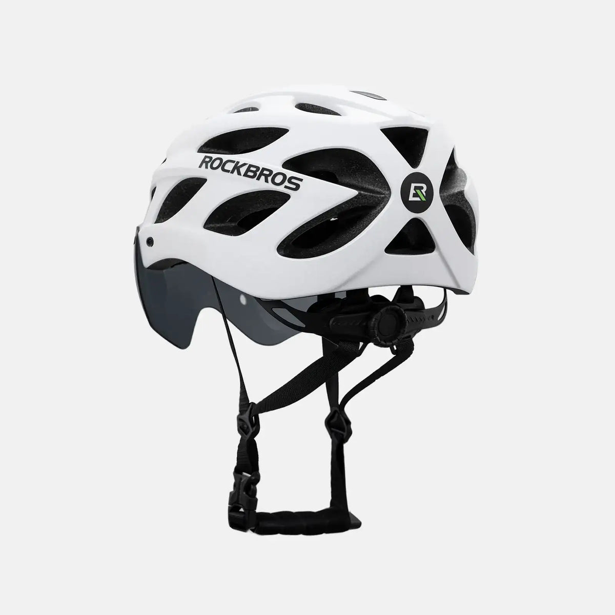 White bike helmet with visor and goggles, ROCKBROS logo on side
