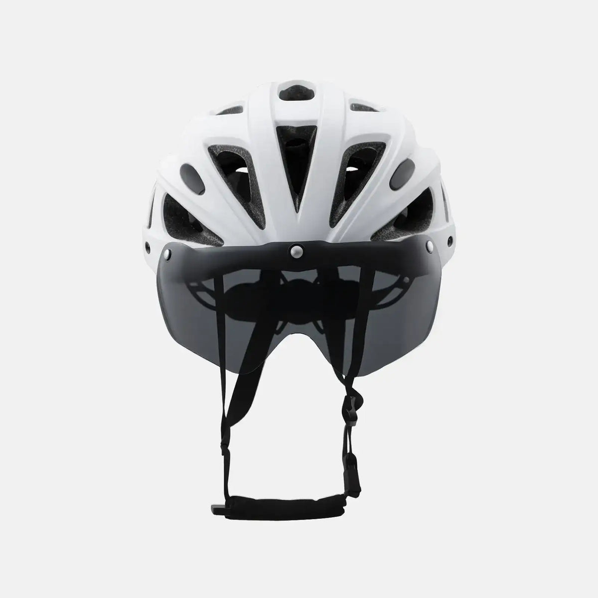 White bike helmet with visor and goggles, rear view with black straps
