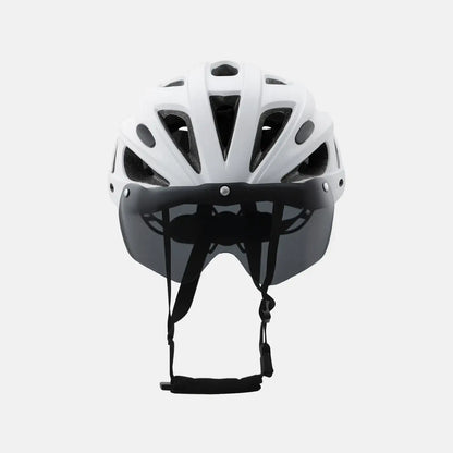 White bike helmet with visor and goggles, rear view with black straps