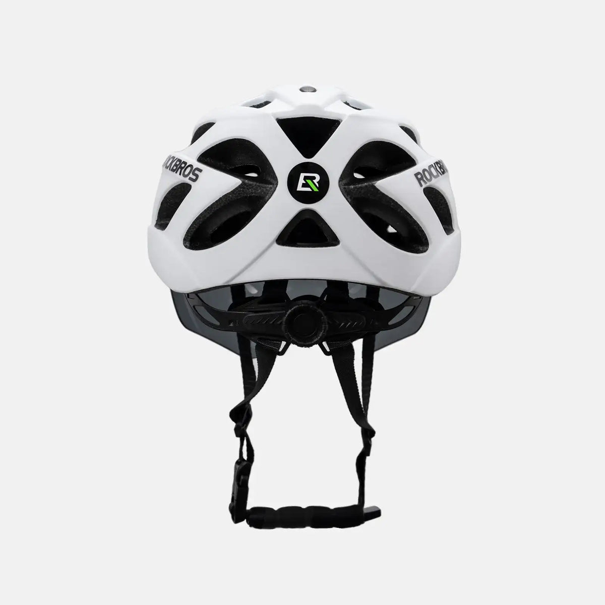 White bike helmet with visor and goggles, front view with green emblem