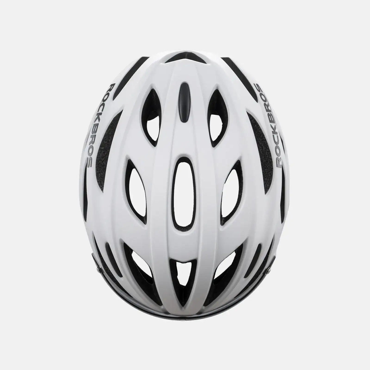 White bike helmet, vented shell and black logo stripes