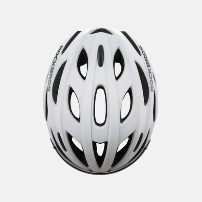 White bike helmet, vented shell and black logo stripes