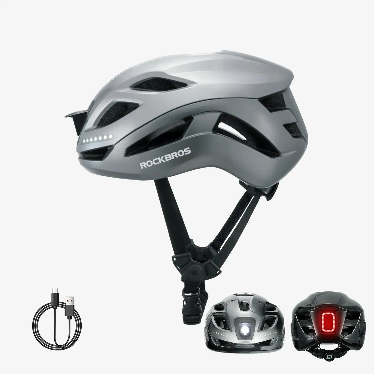 ROCKBROS bike helmet in white with front LED light and side light strips