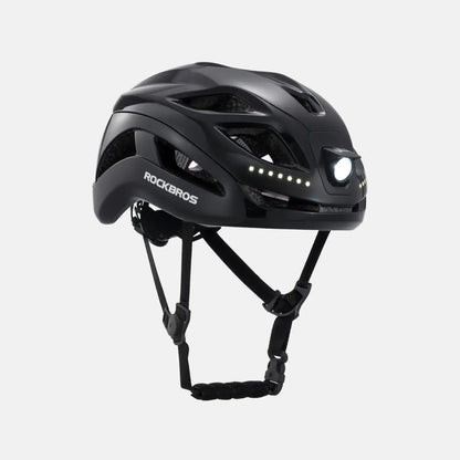 ROCKBROS bike helmet with LED lights, black shell and front light strip, adjustable straps