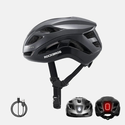ROCKBROS bike helmet in dark gray with front LED and side light strips