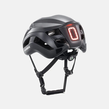 ROCKBROS bike helmet with LED lights, dark shell with red rear light panel and straps