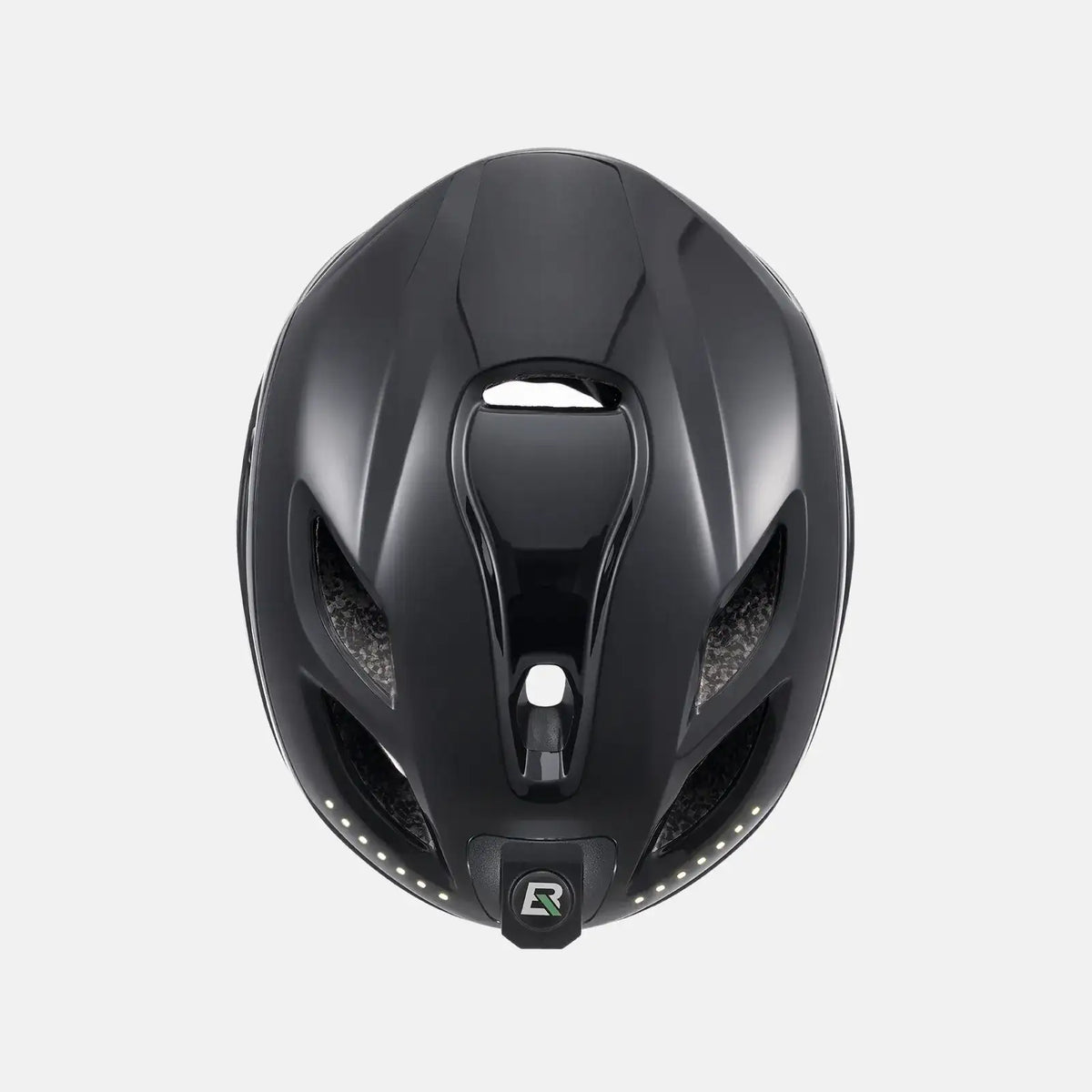ROCKBROS bike helmet with LED lights, dark glossy shell with front vents and rear badge