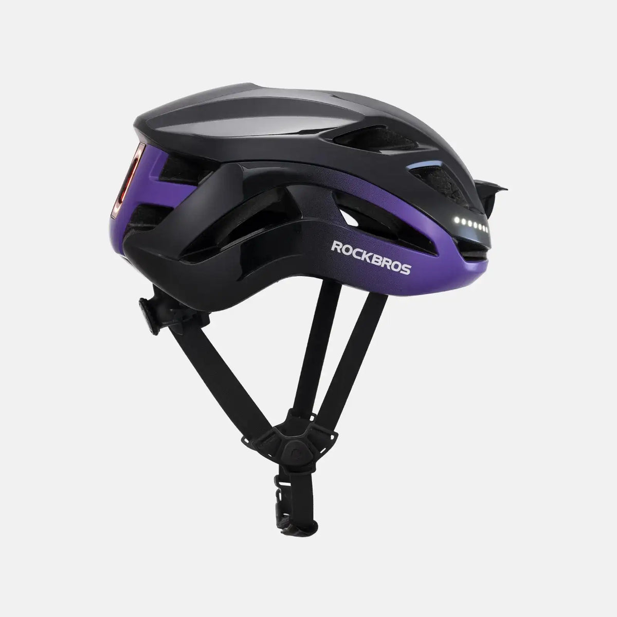 ROCKBROS bike helmet with LED lights, black and purple shell with front LED strip and straps