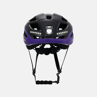 Black bike helmet with purple accents and side LED light strips, front view.
