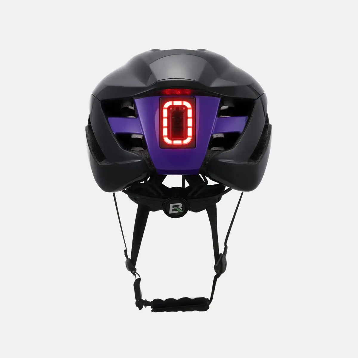 Black bike helmet with purple rear panel and red LED taillight, back view.
