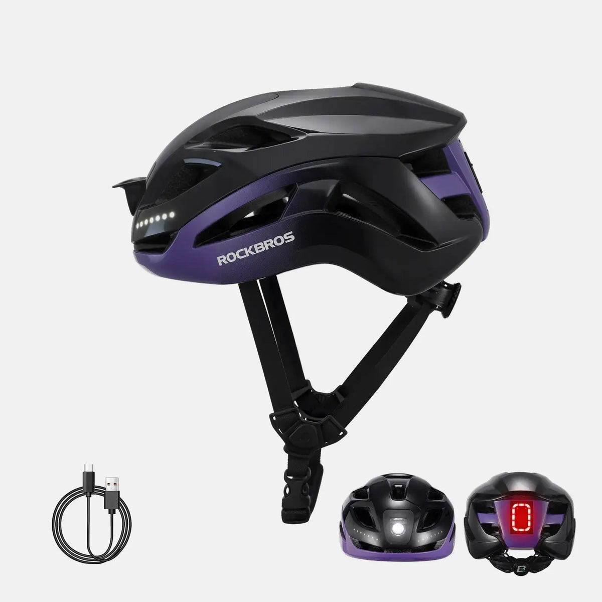 ROCKBROS bike helmet with LED lights, black and purple helmet with front white LED strip