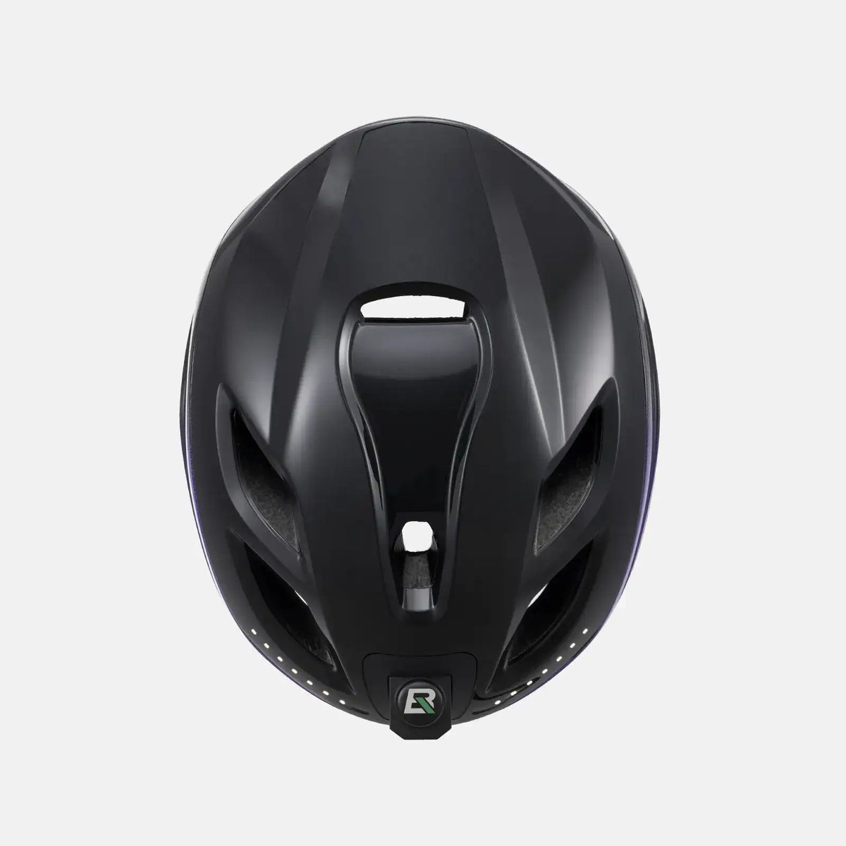 Black bike helmet with side vents and rear LED marker light, front view.