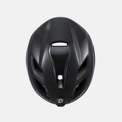 Black bike helmet with side vents and rear LED marker light, front view.