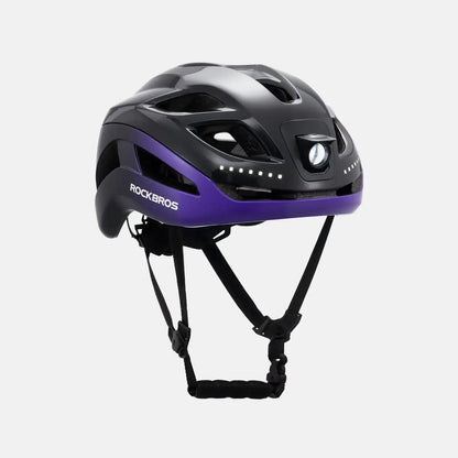 ROCKBROS bike helmet with LED lights, black and purple shell with front white LED strip