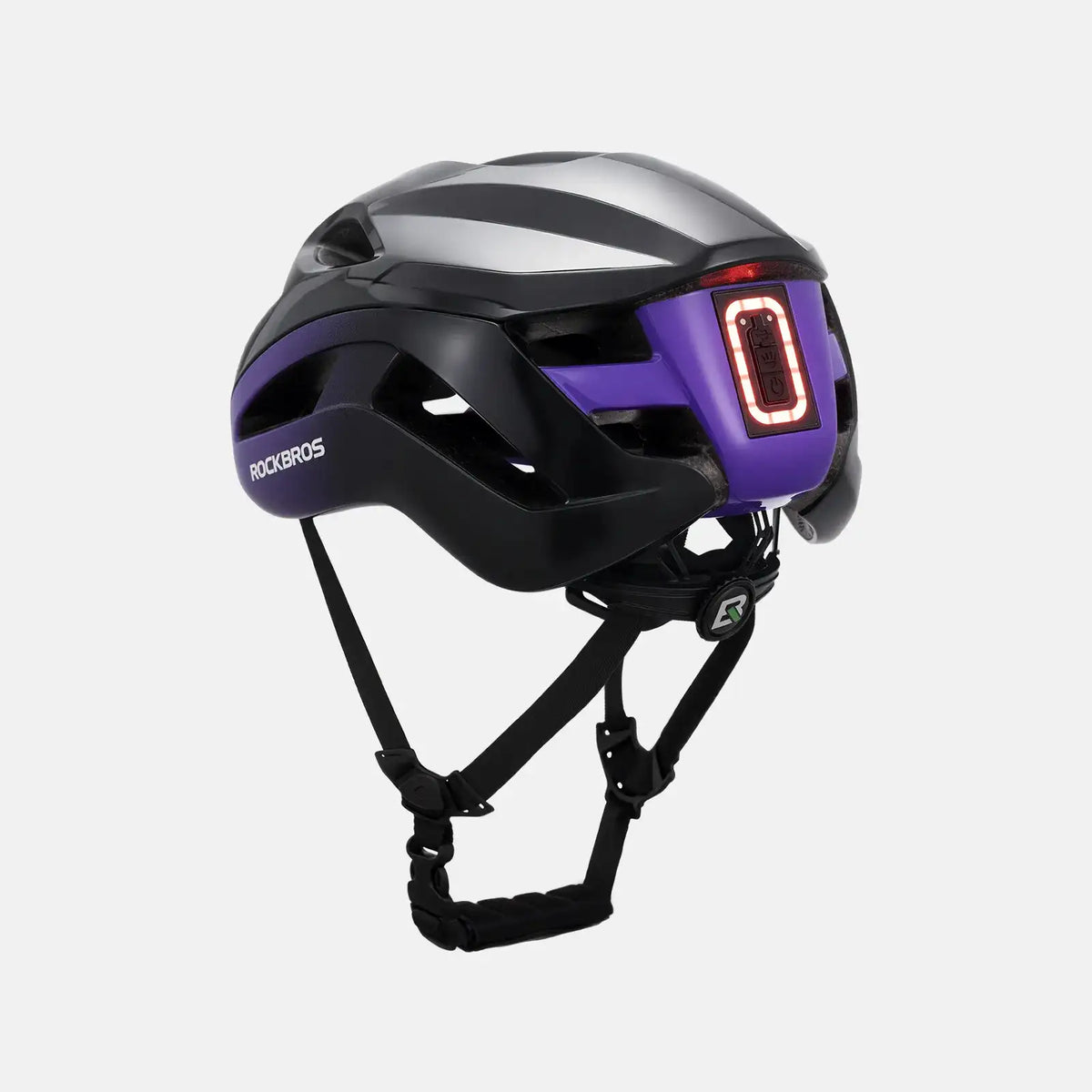 ROCKBROS bike helmet with LED lights, black and purple shell with red side LED light and straps