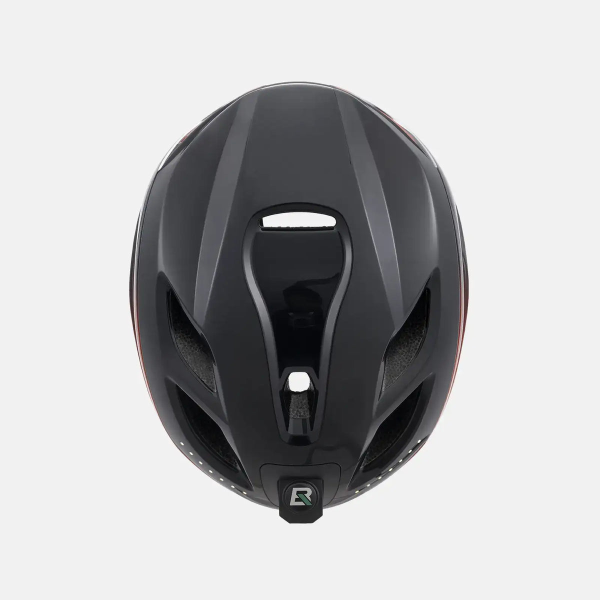 Bike helmet, glossy black shell with vented design and LED light panel